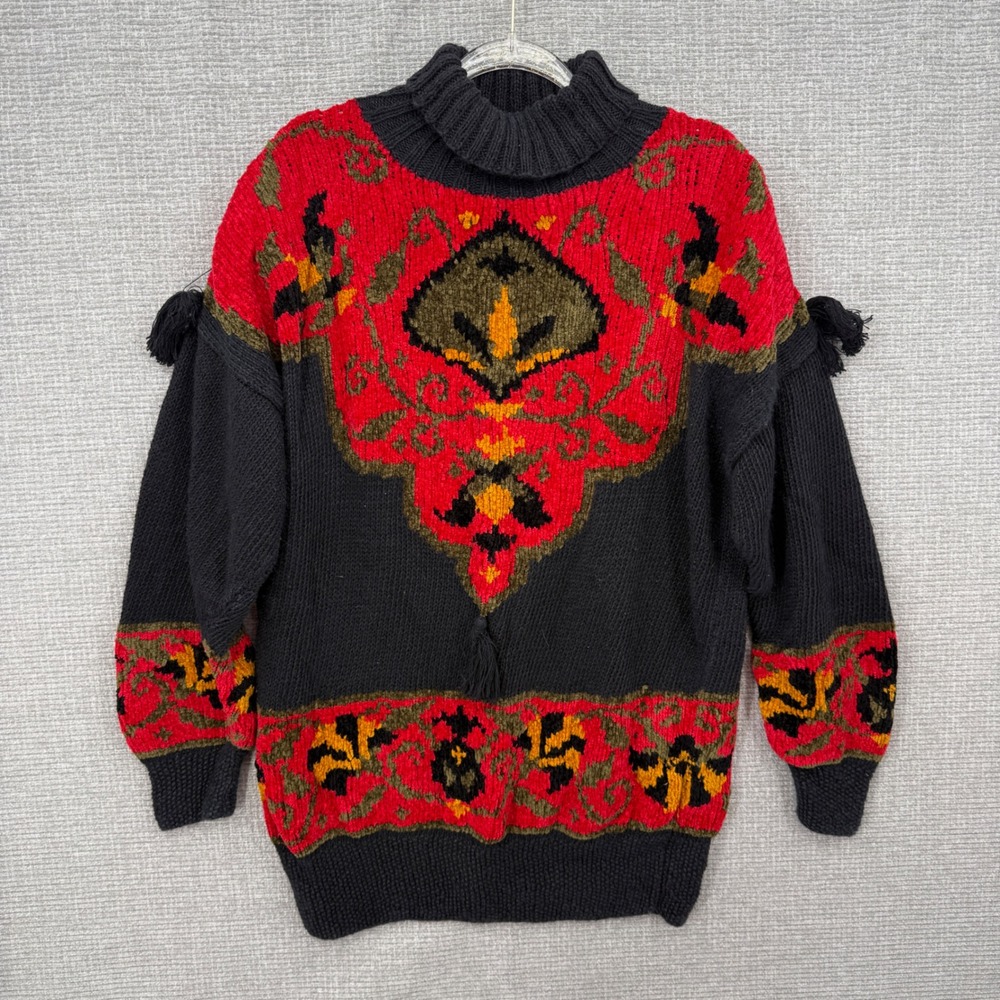 Vtg Studio Michelle Stuart Hand Knit Sweater Women M Boho Red Black Western